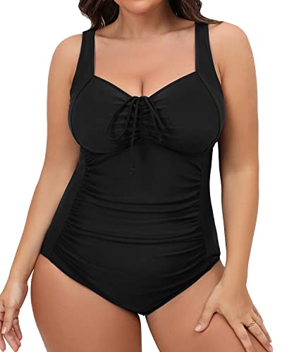 Flattering Vintage Ruched One Piece Swimsuit For Plus Size Women-Black