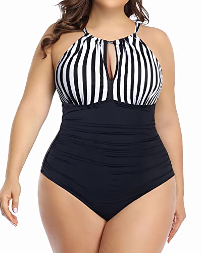 Chic High Neck Plunge Swimsuit Mesh Cutouts For Plus Size Women-Black And White Stripe