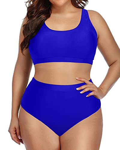 Plus Size Bikini Set Sport Bra Swimsuit Scoop Neck Tops Bottom High Waist Bathing Suit-Royal Blue