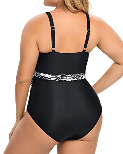 Trendy High Waisted Cutout Open Back Swimwear For Women-Black Leaves