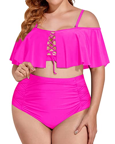 Sexy Tummy Control Plus Size High Waisted Bikini-Neon Pink