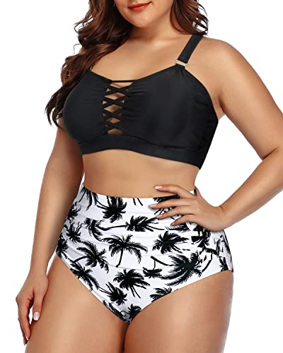 Hollow Out High Waisted Two Piece Bathing Suit For Women-Black Palm Tree