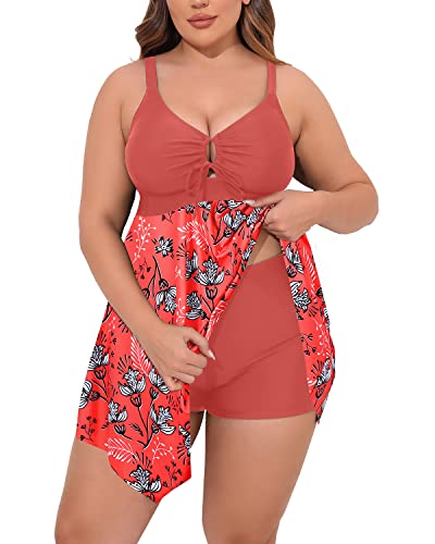 Women Flowy Plus Size Swimdress Boyshorts For Big Bust-Pink Flower