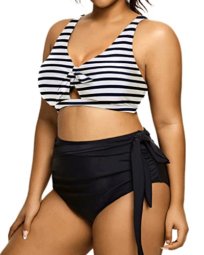 Two Piece Slimming Ruched Bikini Plus Size Tie Knot Swimsuit-Black And White Stripe