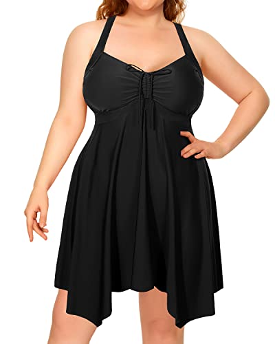 Women's Flowy Tankini Bathing Suit Plus Size Two Piece Swimdress-Black