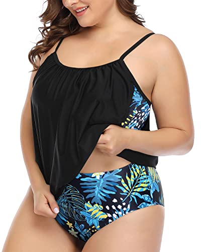 Sporty Two Piece Plus Size Blouson Tankini For Women-Blue Leaf