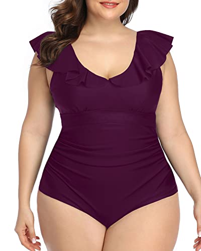 Vintage Style Plus Size V-Neck Bathing Suit-Maroon