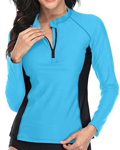 Uv Protection Zip Front Crew Neck Swim Shirt Long Sleeve Rashguard-Aqua