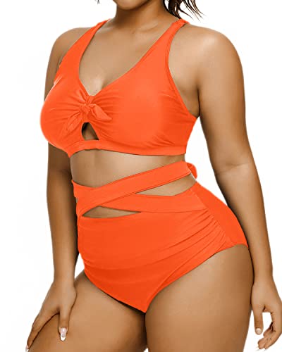 Padded Bra Bikini Plus Size Tie Knot Two Piece Swimsuit-Neon Orange