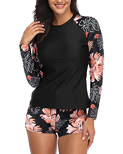 Long Sleeve Bathing Suit Two Piece Rash Guard Women-Black Floral