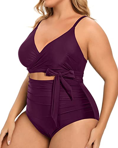 Cross Front High Waisted Tummy Control Monokini Bathing Suits-Maroon