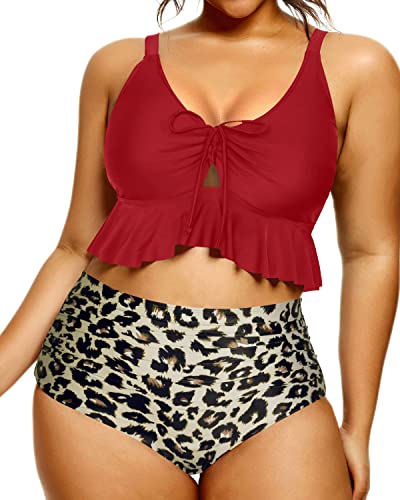 Chic Flounce High Waisted Ruched Bikini Set-Red And Leopard