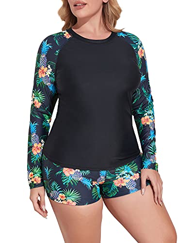 Plus Size Long Sleeve Rash Guard Swimwear Set For Women-Black Pineapple