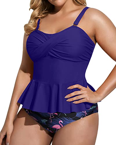 Adjustable Strap Peplum Tankini Top High Waisted Tummy Control Bottom Plus Size Swimsuit-Blue Flamingo