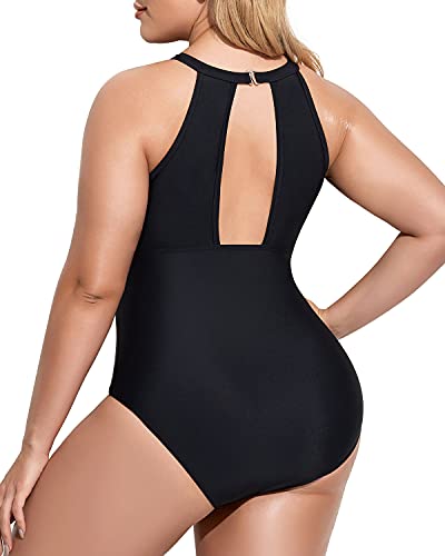 Sleek High-Neck Plus Size Swimwear Tummy Control For Curvy Women-Black