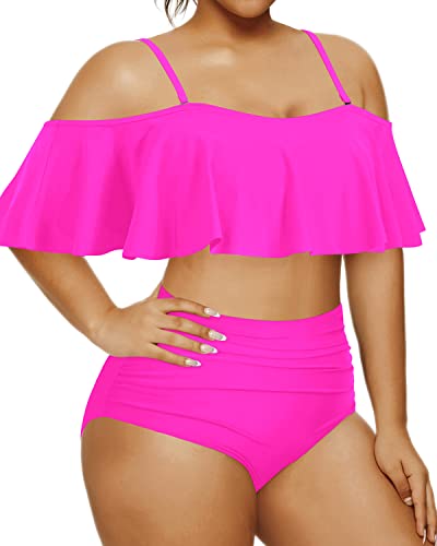 Retro-Inspired Plus Size High Waisted Bikini Ruched Bottoms-Neon Pink