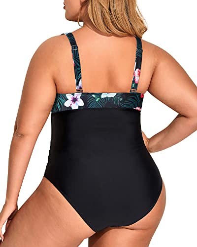 Sexy V Neck Tummy Control Plus Size Swimsuits-Black Floral