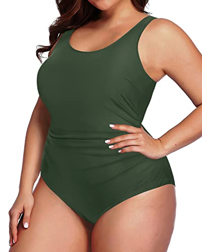 Modest Ruched Full Coverage Backless Plus Size Swimsuit-Army Green