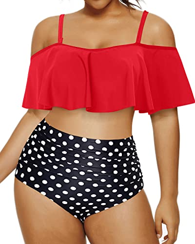 High Waisted Tummy Control Bikini Set For Women Plus Size Ruffle Swimsuits-Red Dot