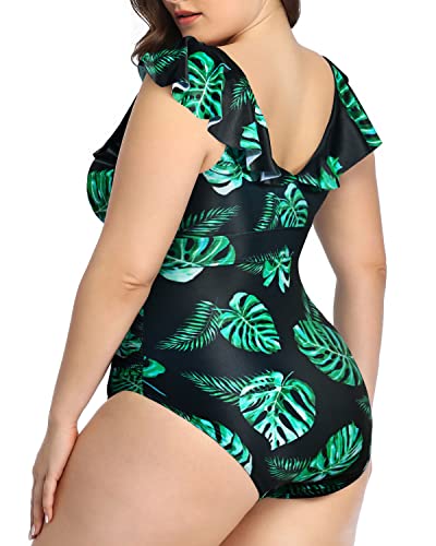 Tummy Control Plus Size One Piece Swimsuits-Black And Green Leaf