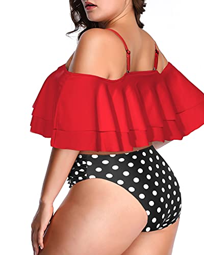 Plus Size Off Shoulder Bathing Suit Double Ruffle-Red Dot