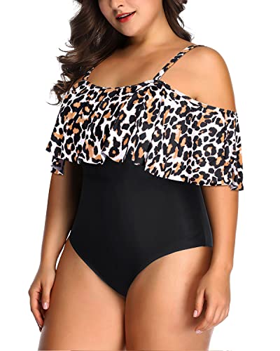 Adjustable Strap Ruffle Tummy Control Bathing Suit-Black And Leopard