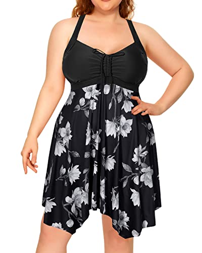 Sexy Cross-Back Plus Size Two Piece Swimdress Boyshorts For Women-Black