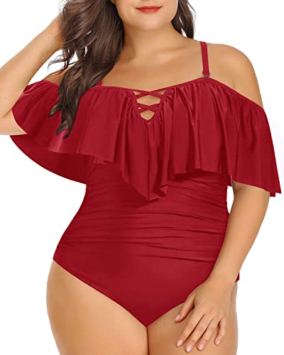 Off Shoulder Plus Size Ruffled Swimsuit For Curvy Women-Red