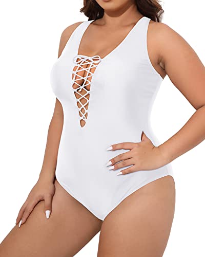 Sexy Plunge Neckline Plus Size One Piece Swimsuits For Women-White