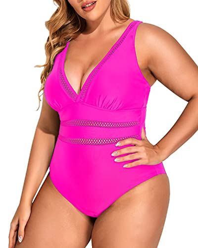 Sexy Mesh V-Neck One Piece Push Up Swimwear-Neon Pink