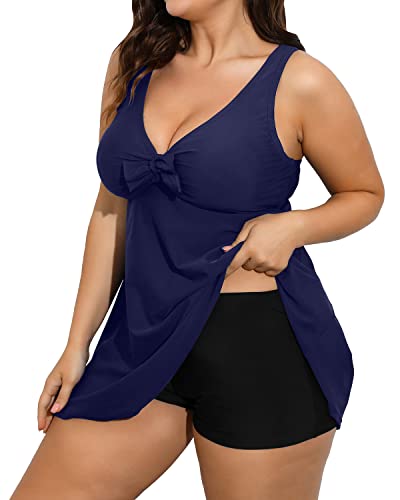 Shaping Plus Size Swim Dress Tummy Control Bottoms-Navy Blue