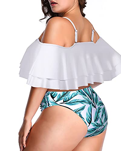 Flattering Off Shoulder Bikini High Waisted Bottom For Plus Size-White Leaf