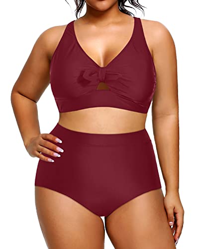 Women Plus Size Two Piece Swimsuit High Waisted Bikini Bottoms-Maroon