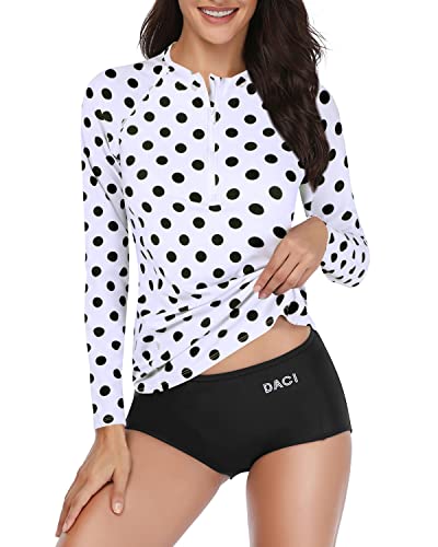 Upf 50+ Zipper Rash Guard Swimsuit For Women-Black Dot