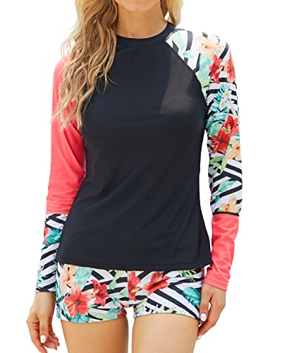 Teen Girls' Rash Guard Bathing Suit Two Piece Crew Neck Long Sleeve Rashguard-Black Floral