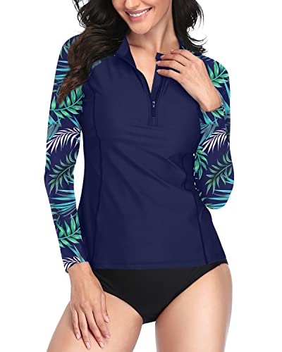 Long Sleeve Rash Guard Swimsuit Built-In Bra For Women-Blue Leaf