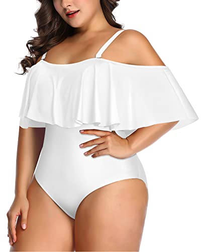 Chic Flounce Overlay Bathing Suit For Women Plus Size One Piece-White