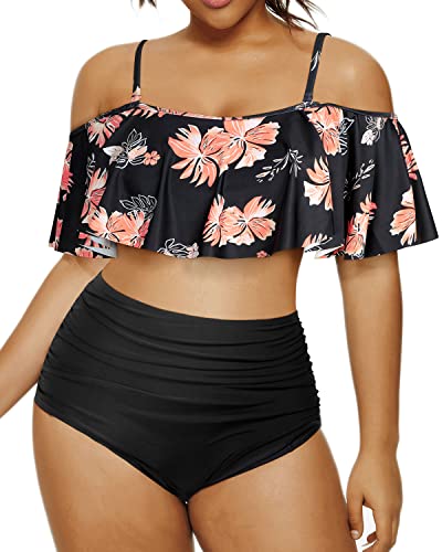 Flirty Ruffle High Waisted Bikini Set For Plus Size Women-Black Orange Floral