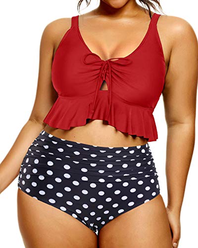 Two Piece Tummy Control High Waisted Bikini Set For Curvy Women-Red Dot