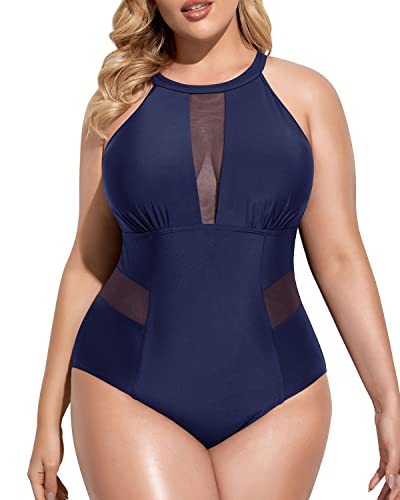 Charming Tummy Control Monokini Plus Size Bathing Suit-Navy Blue