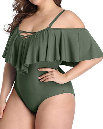 Elegant Lace-Up Cold Shoulder Plus Size One Piece Swimsuits-Olive Green