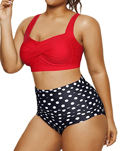 Elegant Plus Size Bikini Open Back Retro 2 Piece Swimsuit-Red Dot