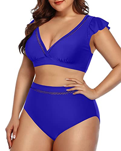 Plus Size Tummy Control Bikini Set Two Piece Swimsuits For Women-Royal Blue