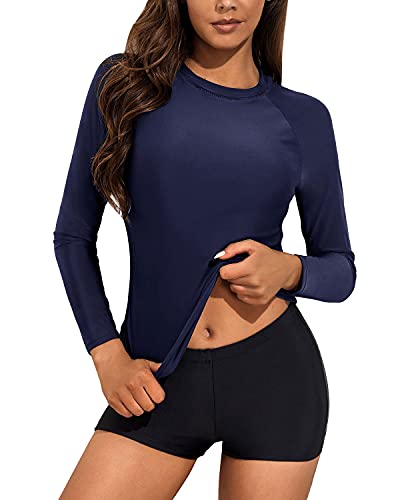 Trendy Women's Boyshort Swimsuit Set Long Sleeve Rash Guard Top-Navy Blue