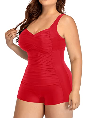 Women's Modest Boyleg Plus Size Swimwear-Red