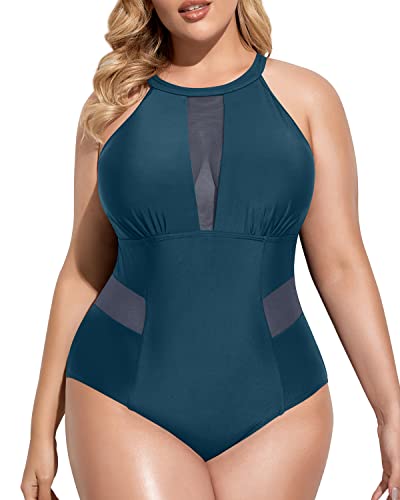 Elegant Mesh Cut Out Monokini Plus Size Swimsuit For Curvy Women-Teal