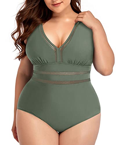 V-Neck Backless See Through Plus Size One Piece Swimwear-Olive Green