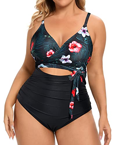 Sexy Wrap Criss Cross Belted Plus Size One Piece Swimsuits-Black Floral