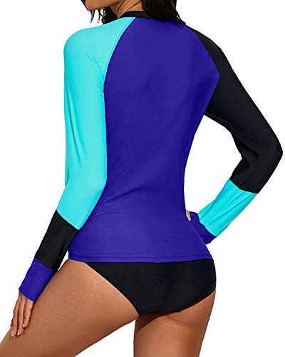 Women Two Piece Long Sleeve Rash Guard Boy Shorts-Black Blue Splicing