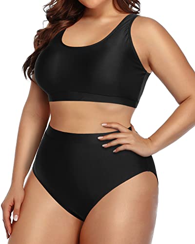 Sporty Scoop Neck Bikini Set High Waist Bottoms For Plus Size Women-Black